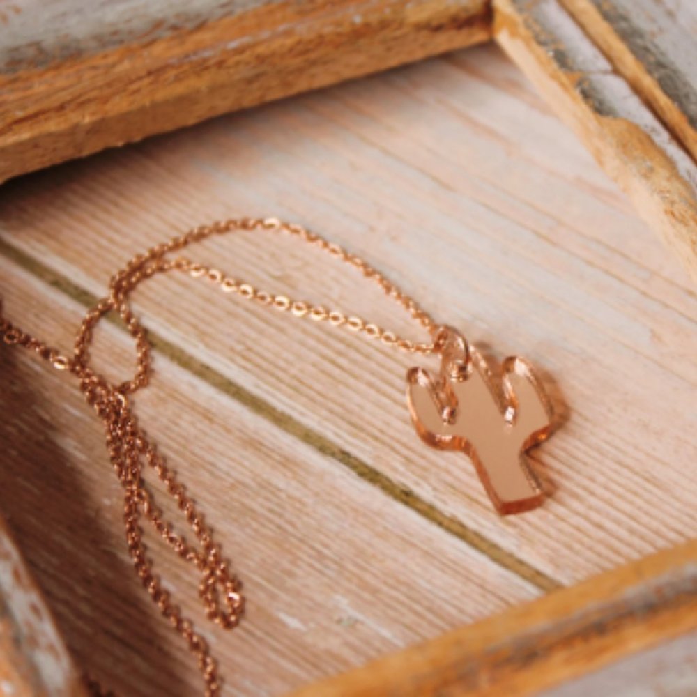 Cactus Necklace Rose Gold Acrylic Pendant with 18 inch Rose Gold Chain